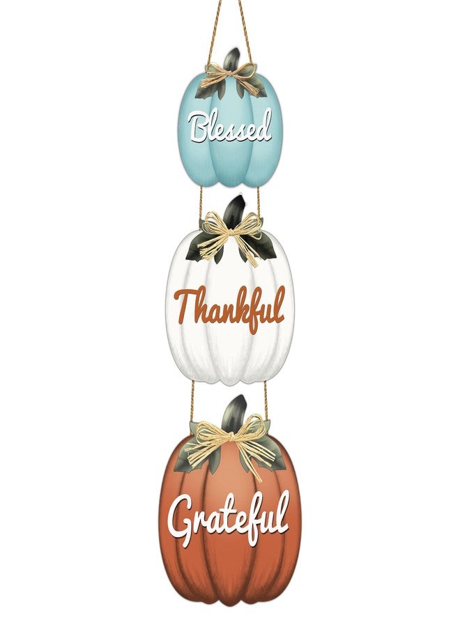 YUNKKIN Fall Door Decor Pumpkin Wall Decor with Raffia Bow Thanksgiving Wreath Blessed Grateful Thankful Sign Wooden Front Door Hanger for Harvest Thanksgiving Porch Indoor Outdoor Home Decorations - Image 1